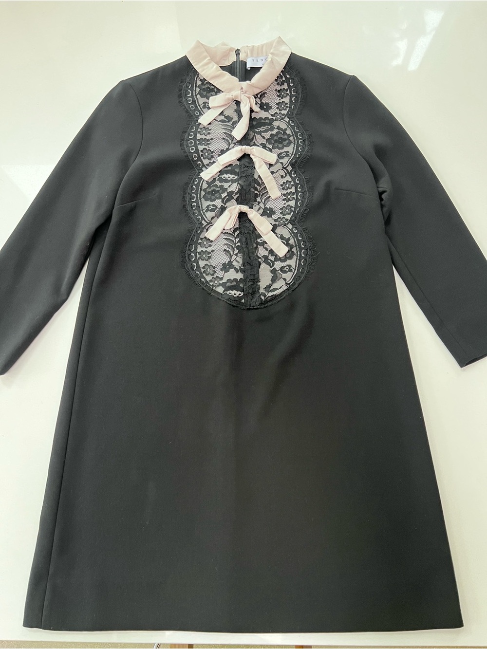 Sandro Black Long-Sleeve Shift Dress with Pale Pink Bows and Lace